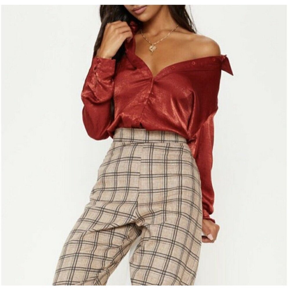 NEW PrettyLittleThing Satin blouse top Bohemian XSMALL burnt orange long sleeve